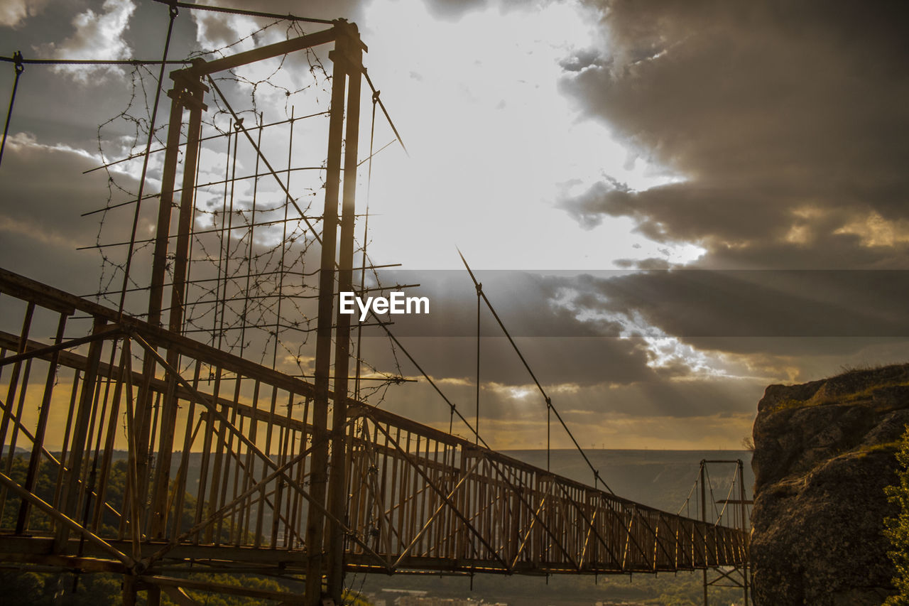 Suspension bridge against sky during sunset