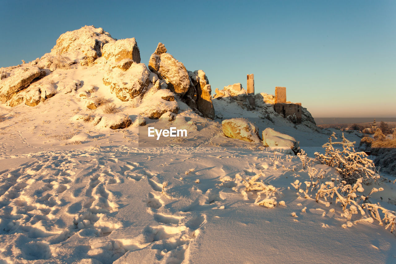 SCENIC VIEW OF SNOW COVERED MOUNTAINS AGAINST CLEAR SKY