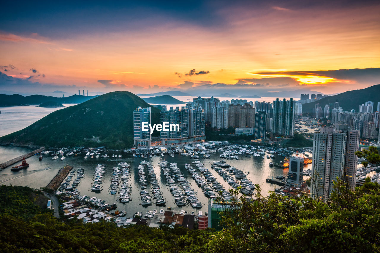 Beautiful sunset at aberdeen typhoon shelters,hong kong