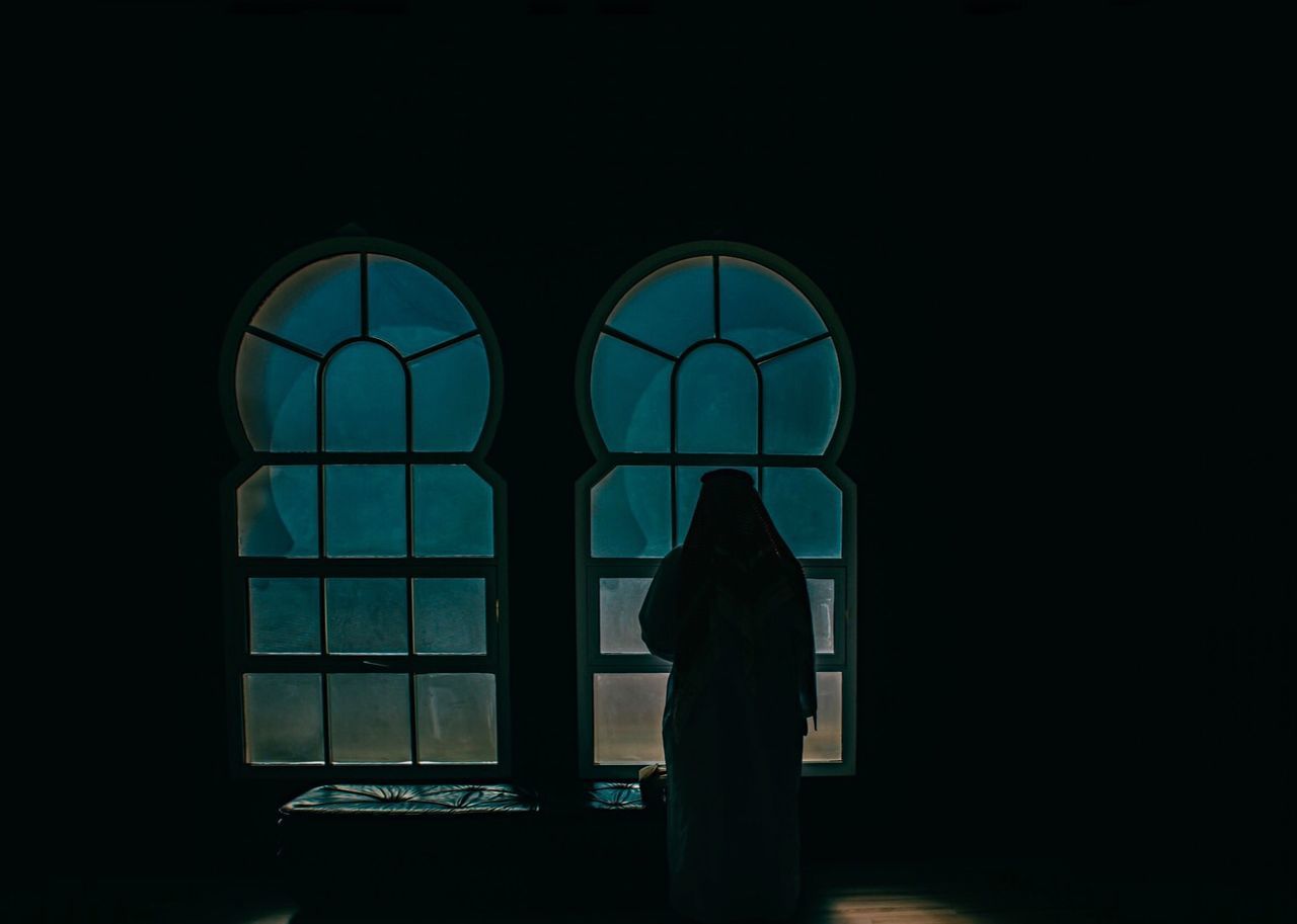 window, real people, one person, silhouette, indoors, standing, night, women, architecture, people
