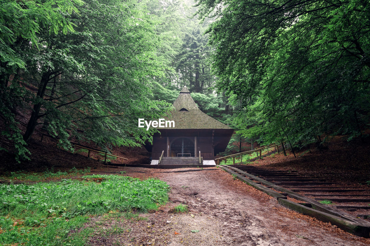 Built structure in forest. chapel in krasnobrod