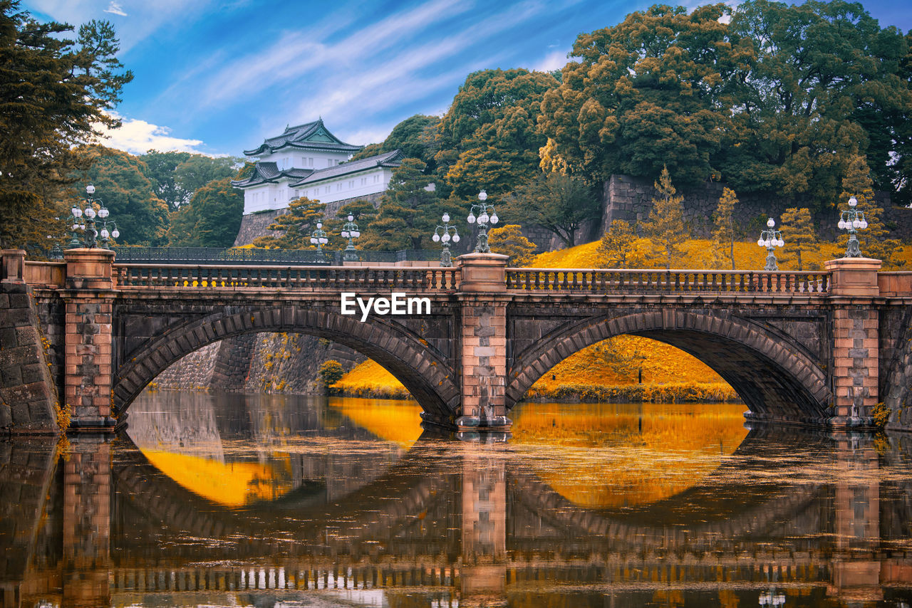 Arch bridge over river against sky