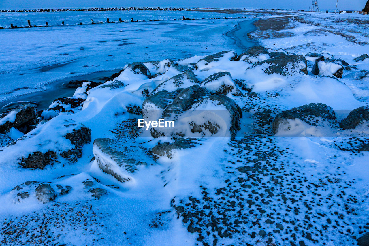 HIGH ANGLE VIEW OF SNOW COVERED LAND AND FROZEN WATER