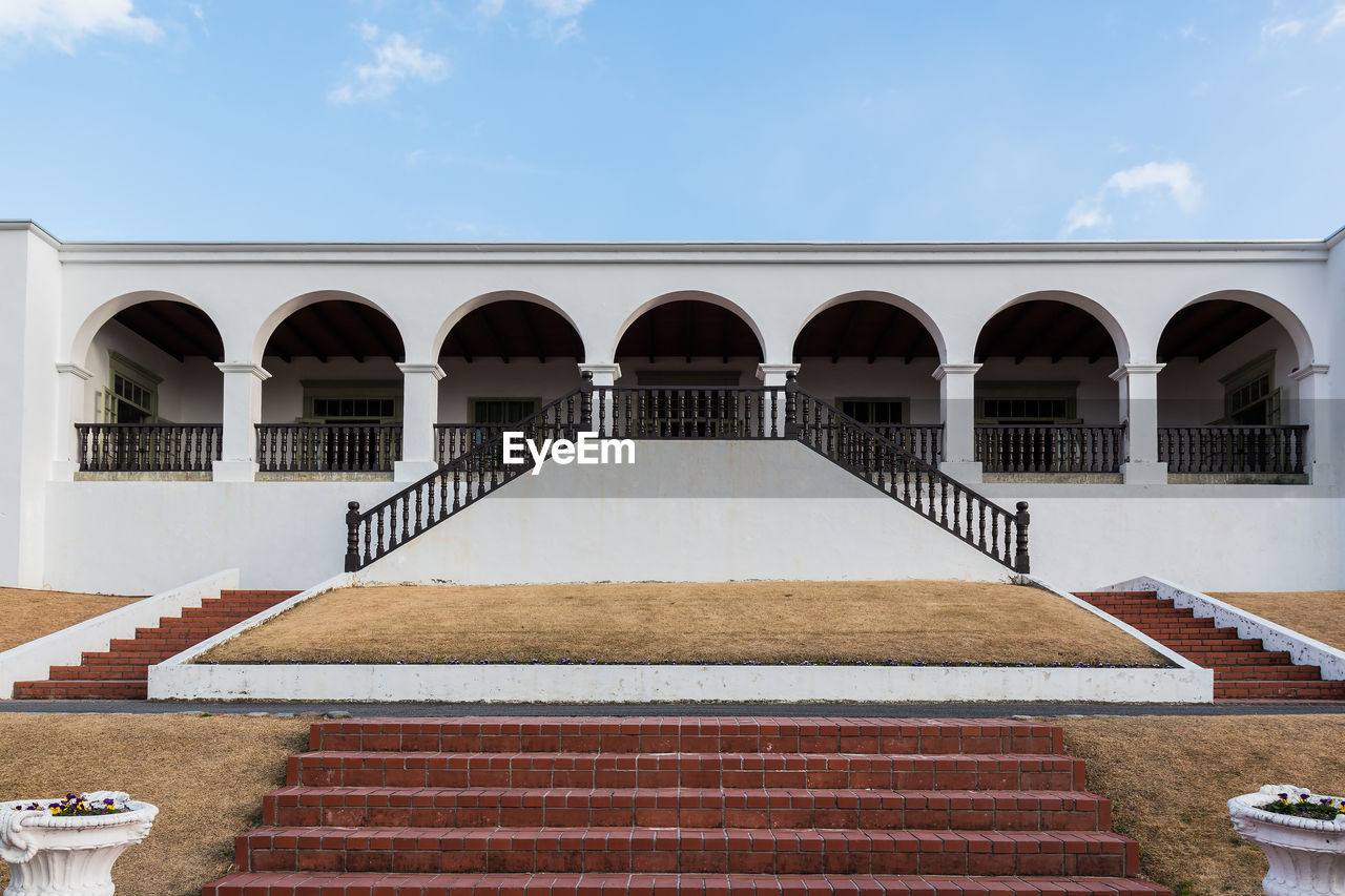 LOW ANGLE VIEW OF STAIRCASE AGAINST BUILDING