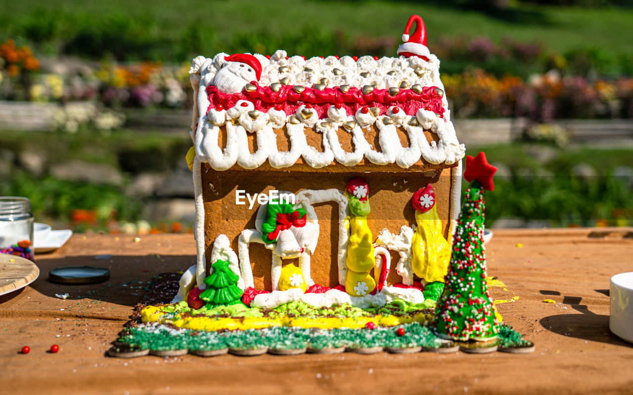 gingerbread house, birthday cake, gingerbread, food and drink, food, dessert, celebration, sweet food, cake, sweet, baked, table, decoration, no people, event, multi colored, freshness, candle, nature, birthday, day, focus on foreground, holiday, outdoors, tradition, plant