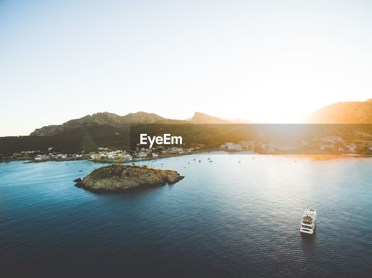 High angle view of distant cruise ship on sea