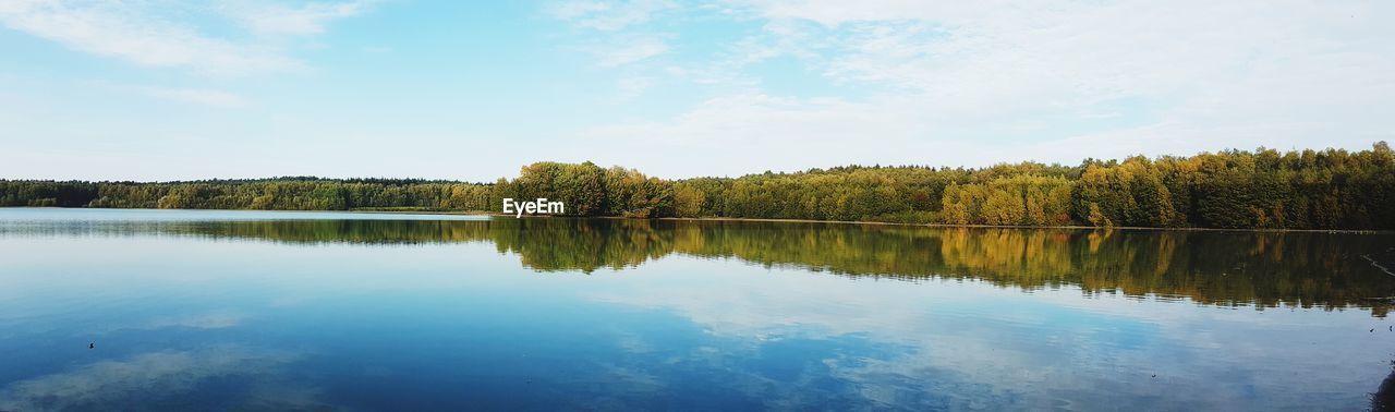 REFLECTION OF TREES IN LAKE AGAINST SKY