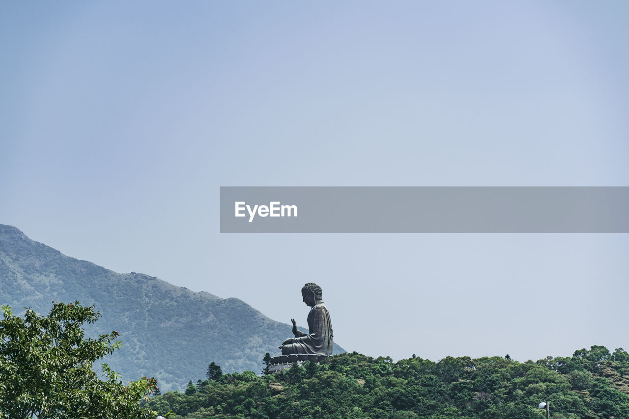 Buddha statue and trees against clear sky