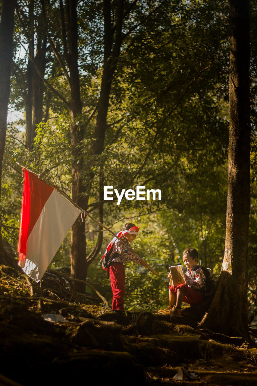 People against trees in forest