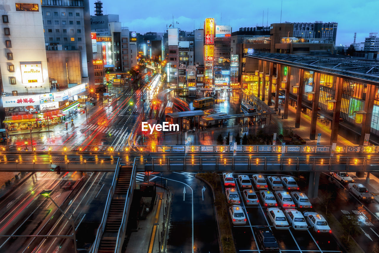 High angle view of illuminated city at night