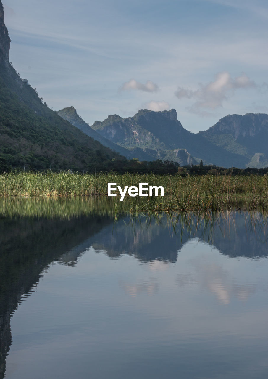 Scenic view of lake by mountains against sky