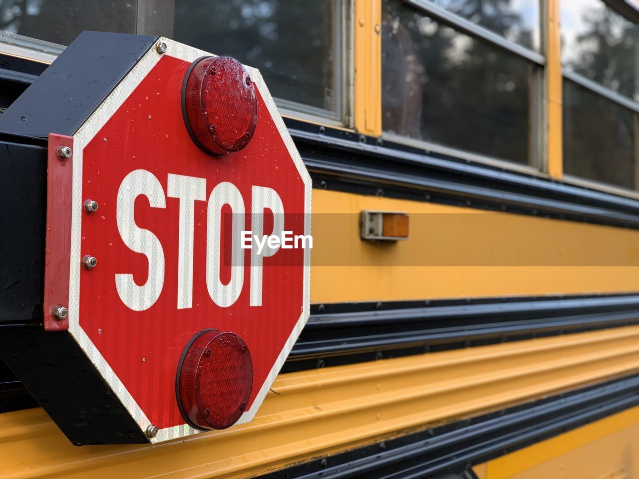 Close-up of stop sign on school bus in tofino vancouver island 