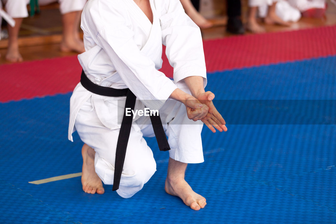 Low section of man practicing karate on carpet