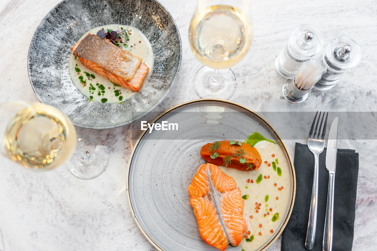 high angle view of food served in plate on table