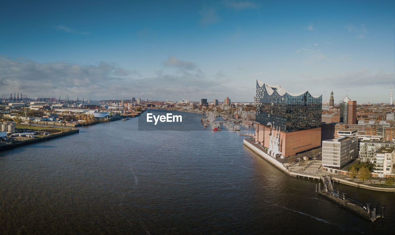 Aerial view of the port of hamburg with the elbphilharmonie