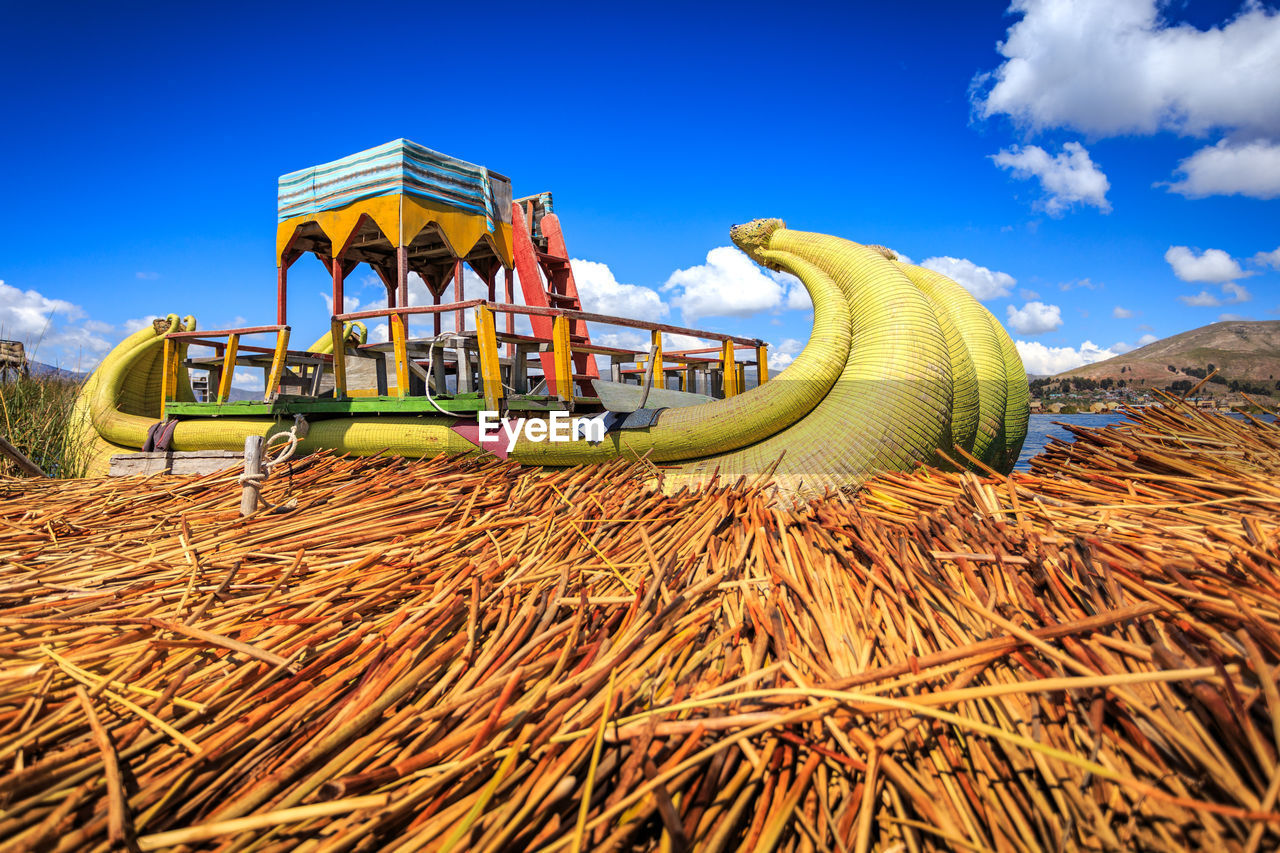 Boat made of totora, in the indigenous community of the uros in lake titicaca, peru.