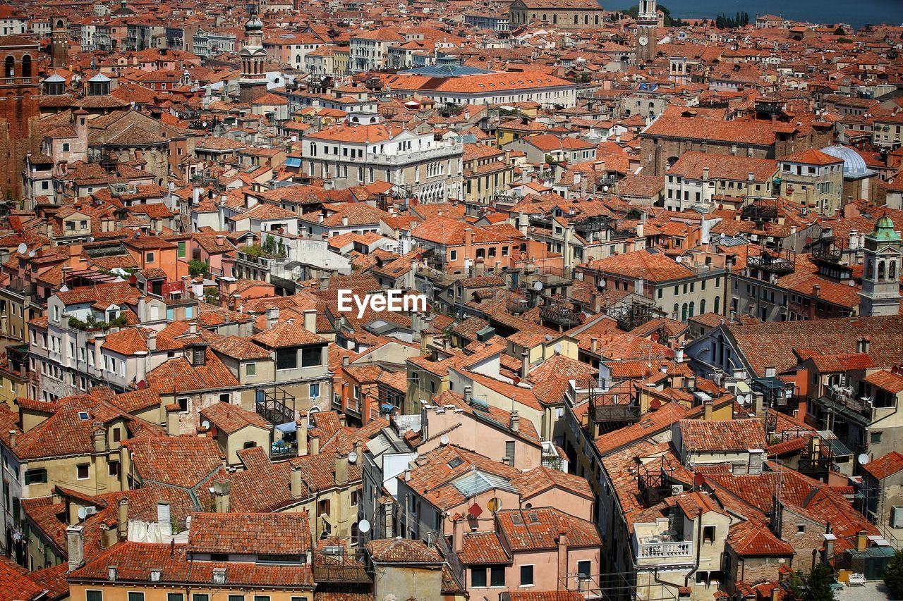 High angle view of houses in town