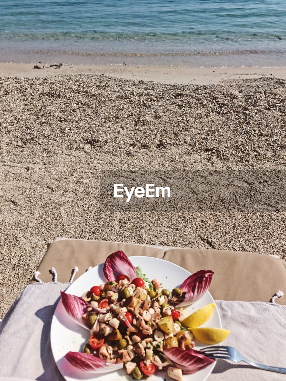 High angle view of food on beach