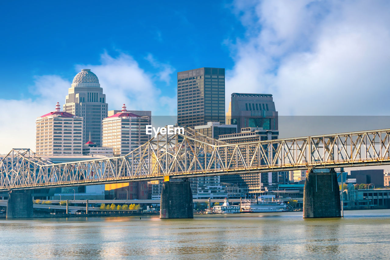 MODERN BRIDGE OVER RIVER AGAINST BUILDINGS IN CITY