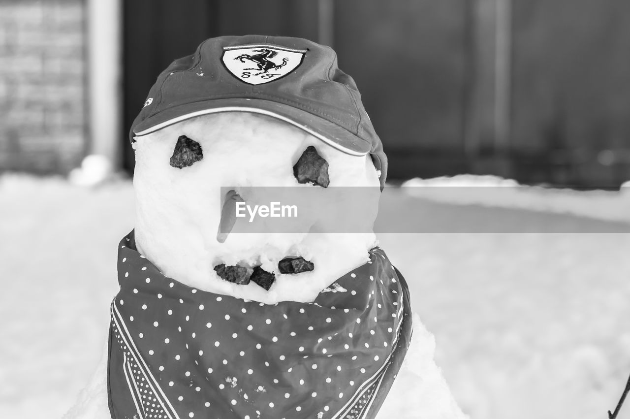 Close-up of snowman during winter