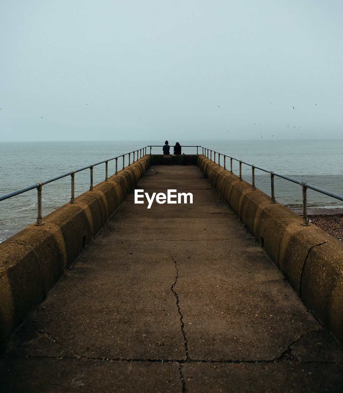 Rear view of women sitting on pier against sky