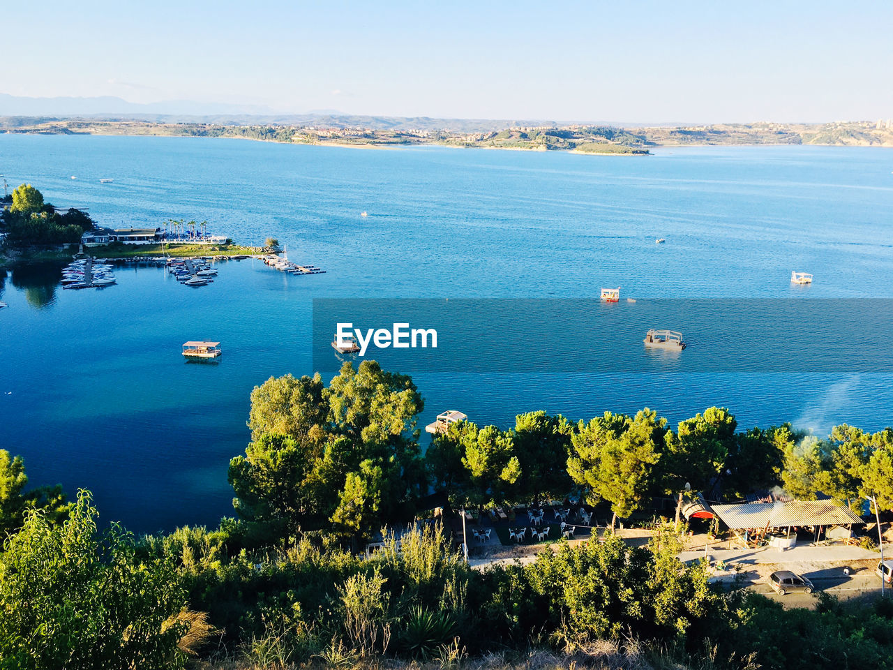 High angle view of sailboats in sea