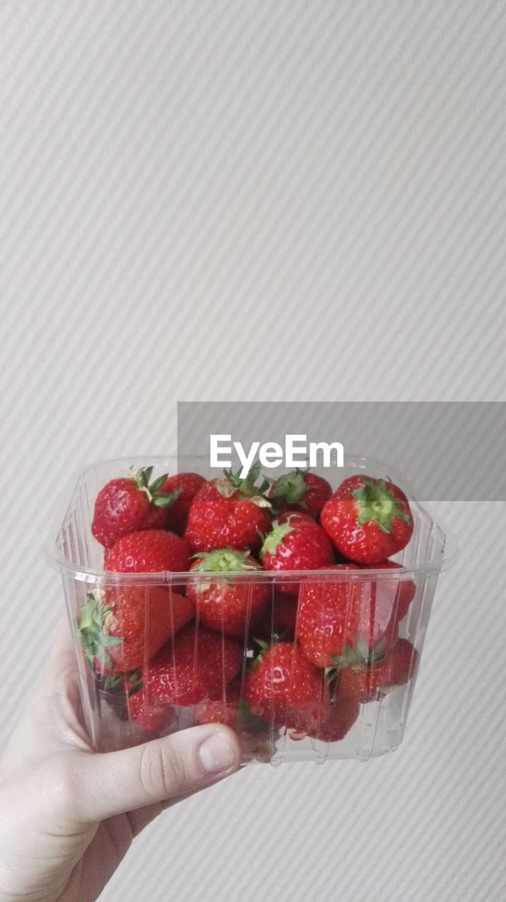 Close-up of hand holding strawberries against white background