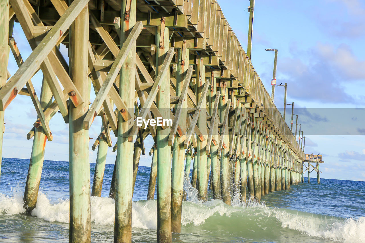 water, sea, sky, nature, beach, architecture, day, land, horizon over water, built structure, no people, outdoors, wave, horizon, beauty in nature, in a row, cloud, bridge, wood, scenics - nature, sunlight, motion