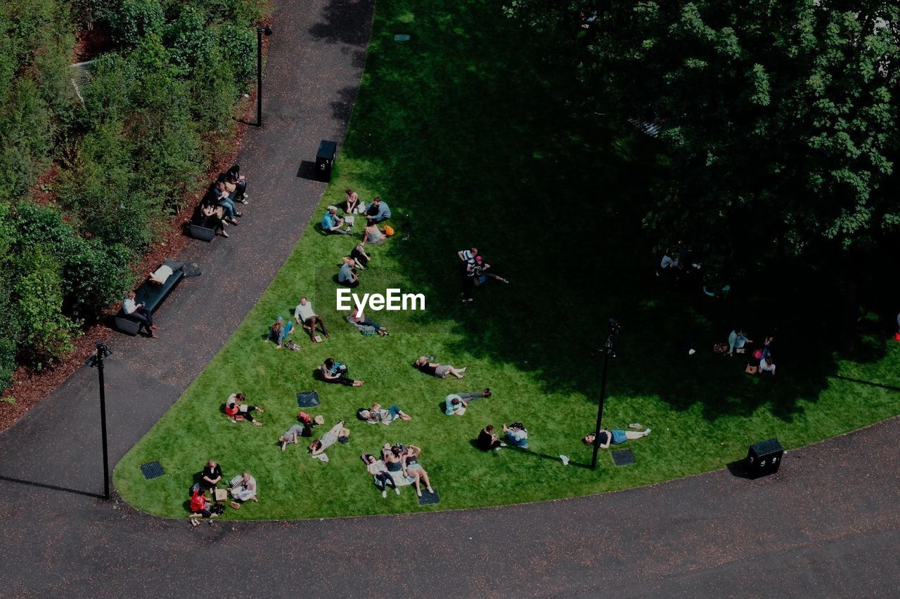 High angle view of people relaxing in park during sunny day