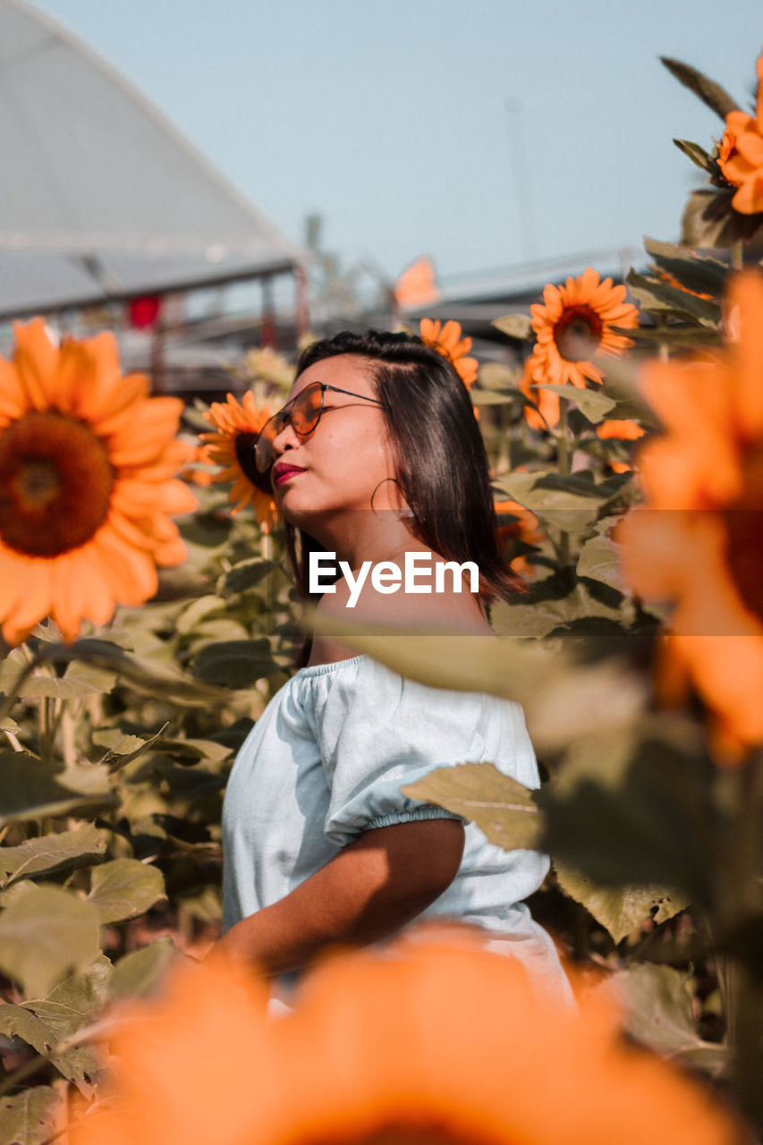 Woman standing amidst sunflowers on farm