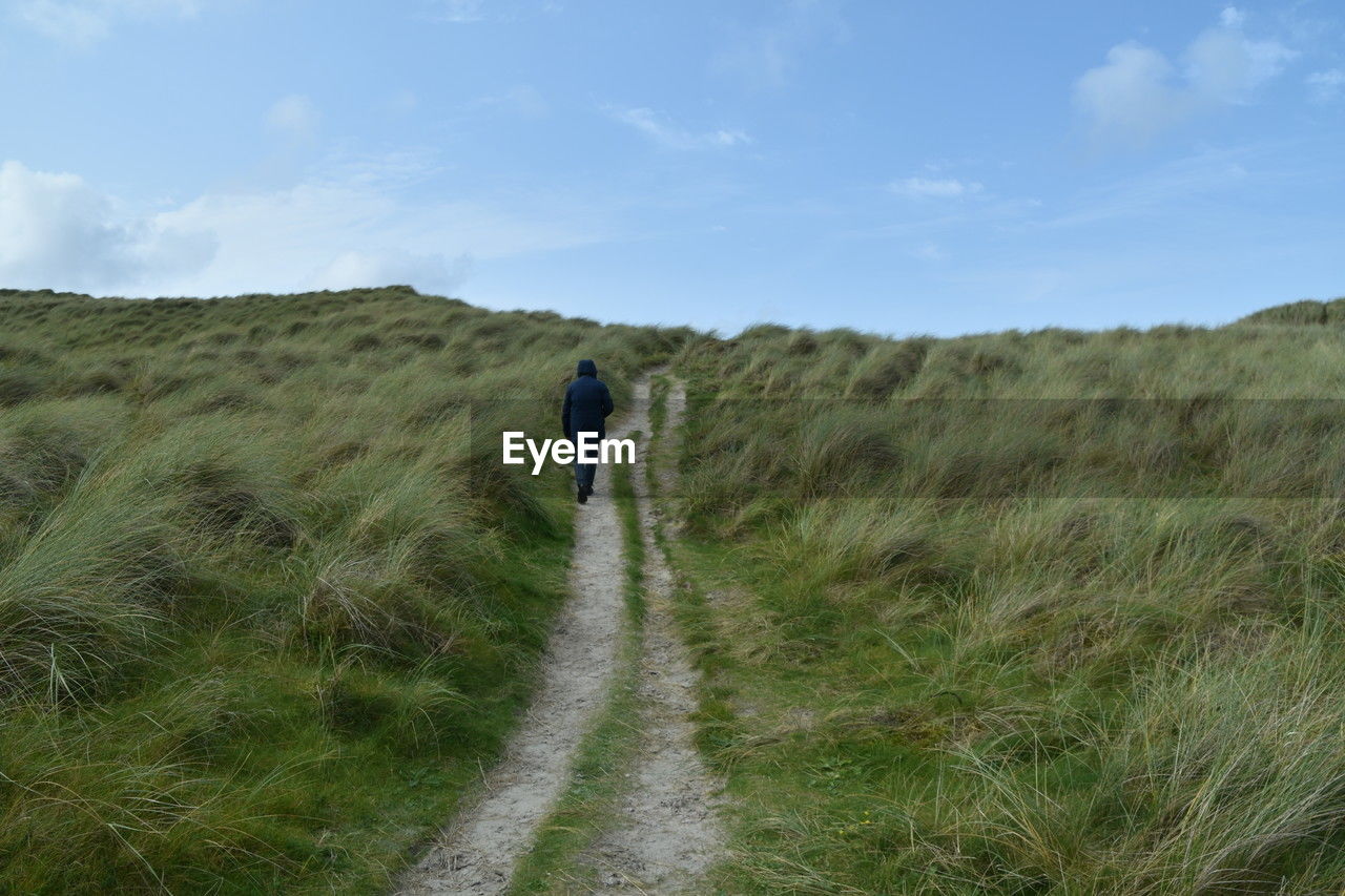 Rear view of man walking on field against sky