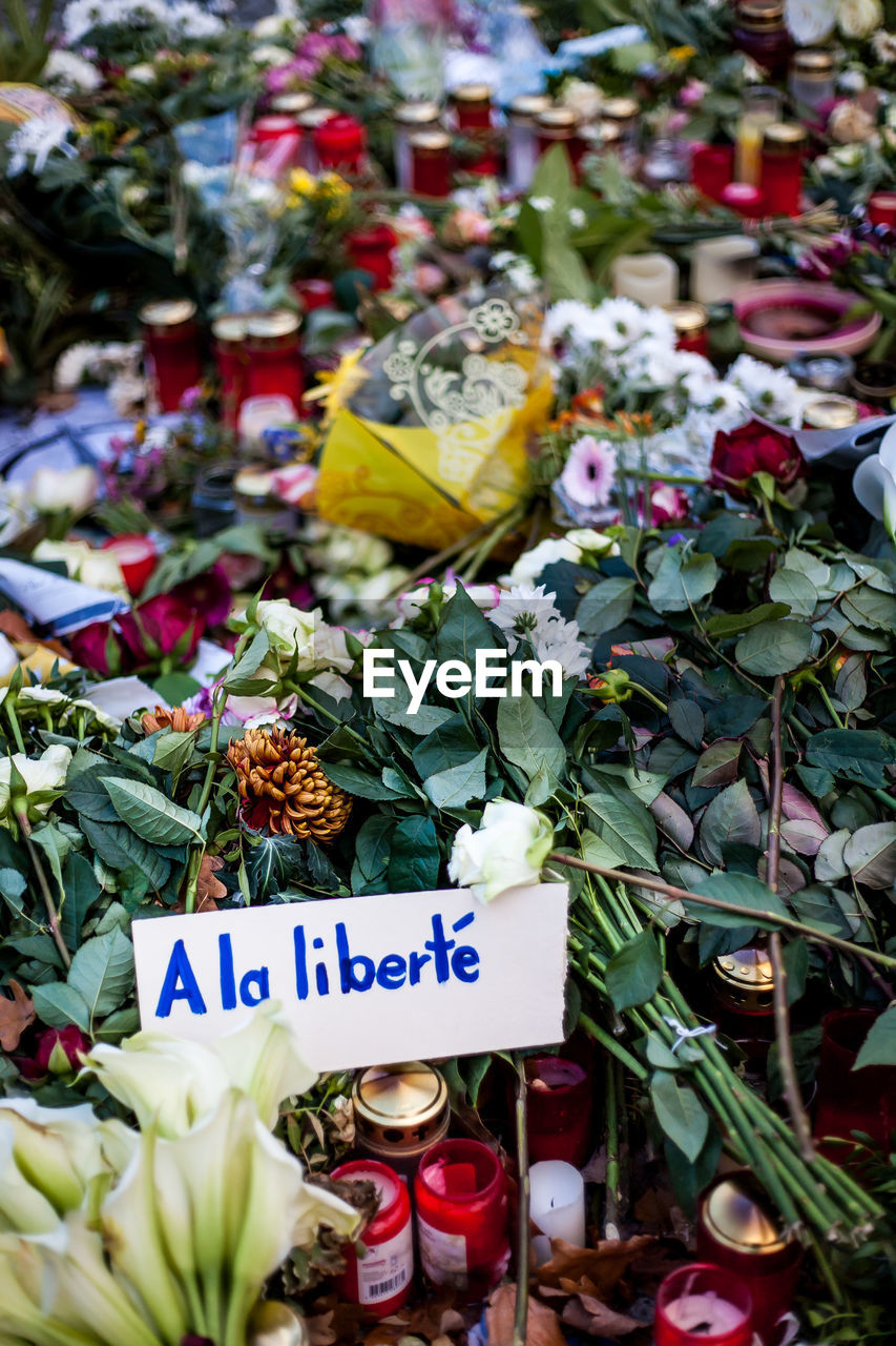 High angle view of religious offerings at brandenburg gate in city