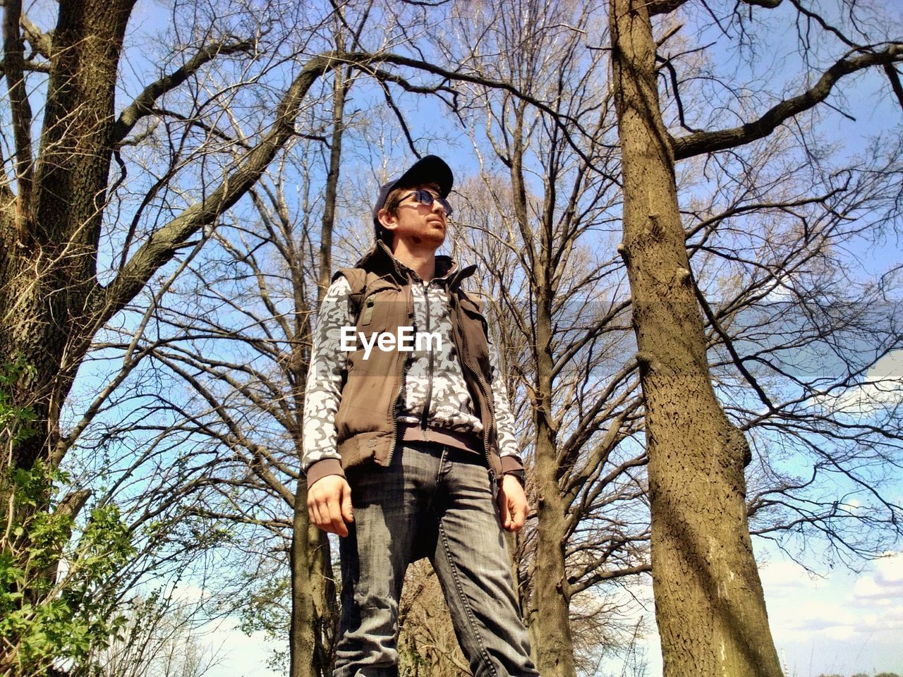 Low angle view of man standing against bare tree