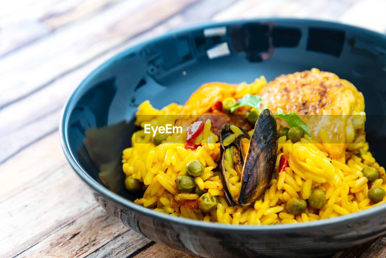 High angle view of meal served in bowl on table