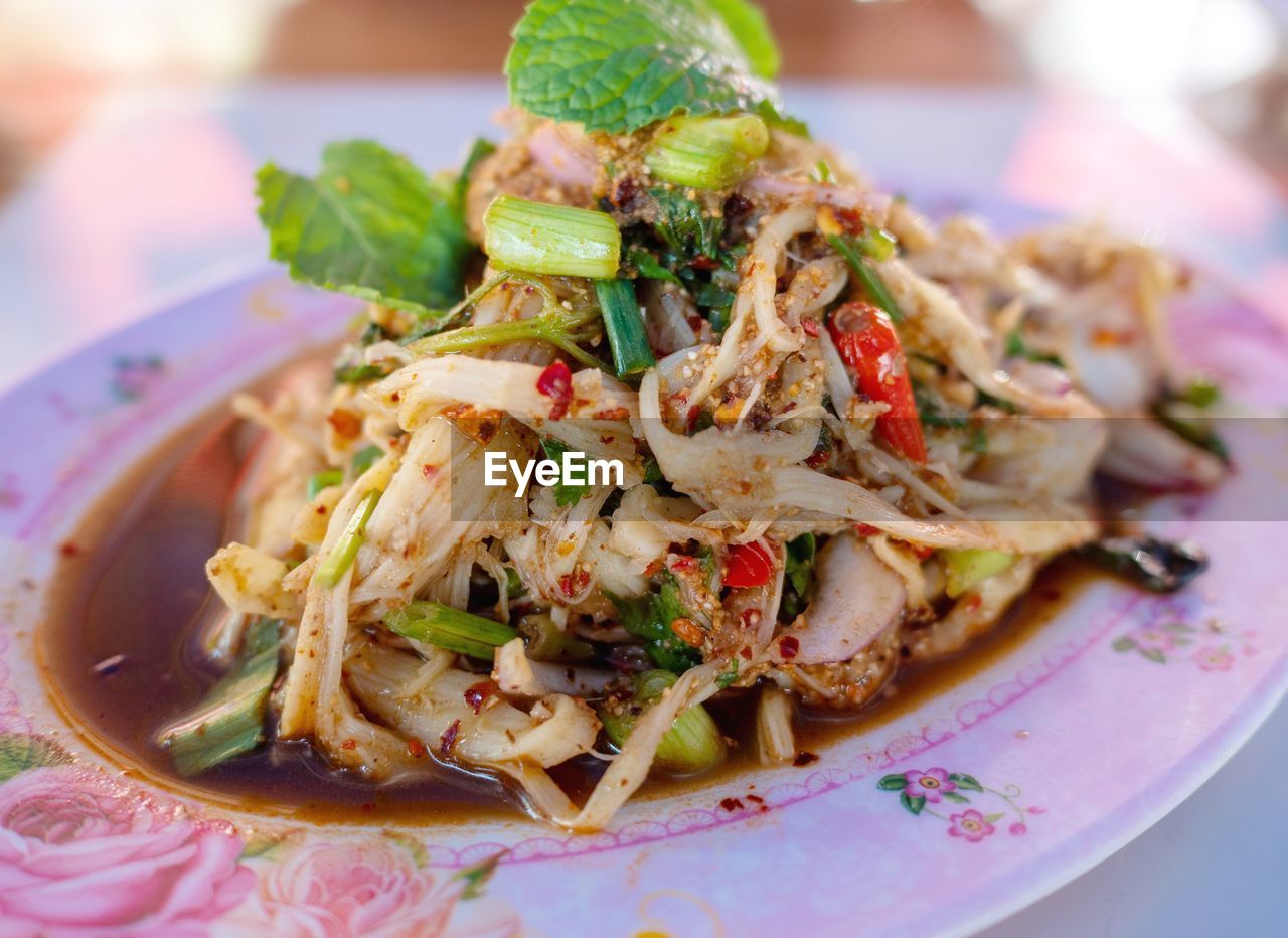 CLOSE-UP OF MEAT WITH VEGETABLES ON PLATE