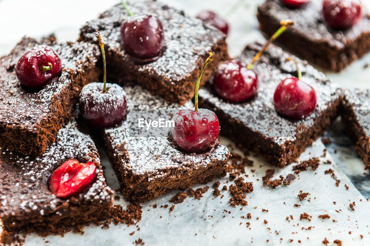  double chocolate brownies with cherries from banana, wholewheat and coconut flour and maple syrup.