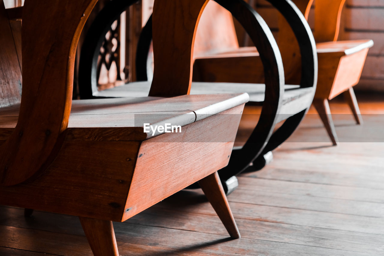 Empty wooden chairs in store