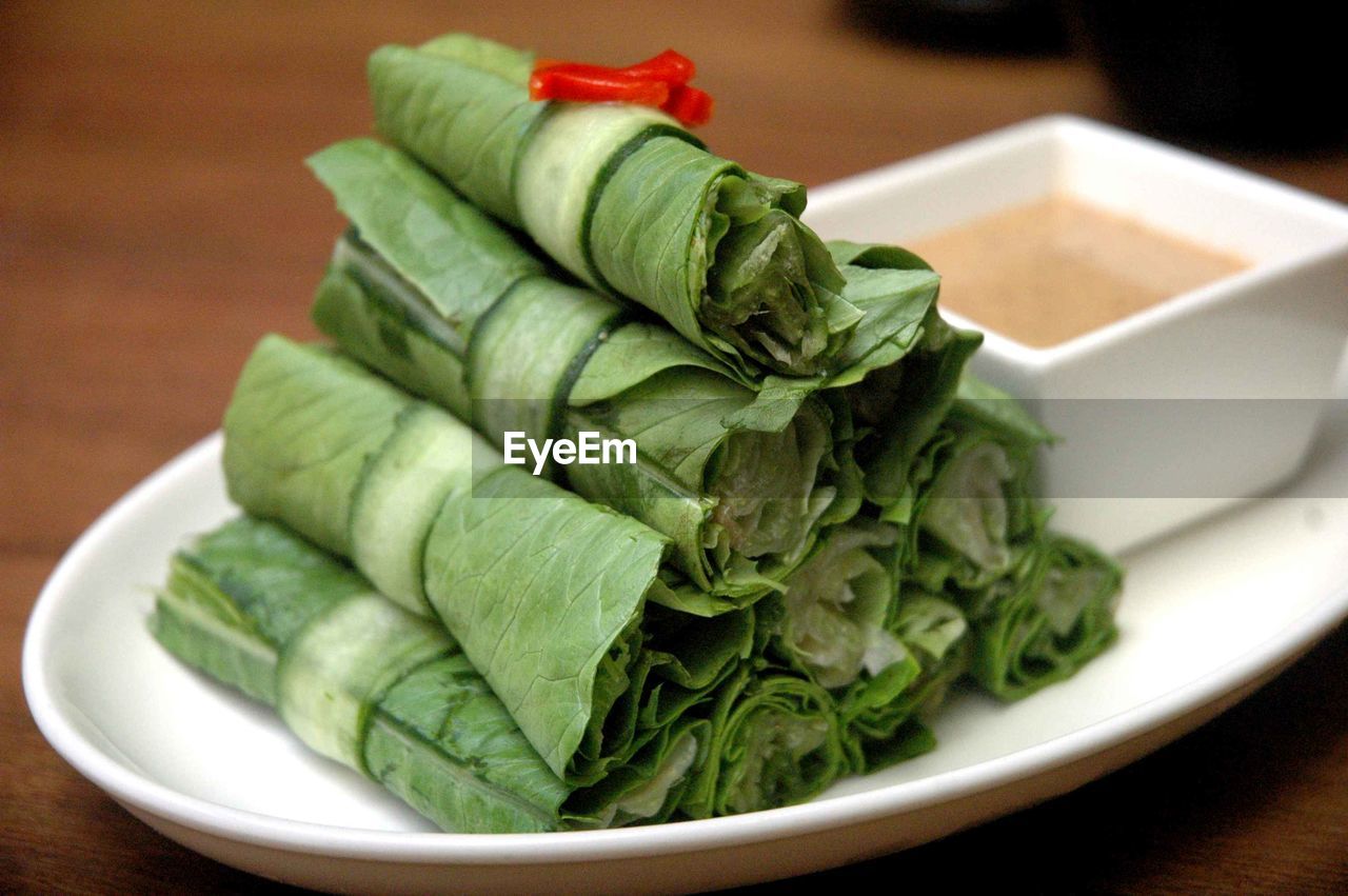 Close-up of lettuce rolls in plate