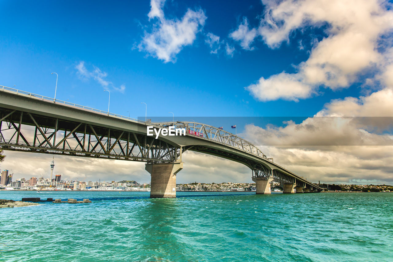 Low angle view of bridge against cloudy sky