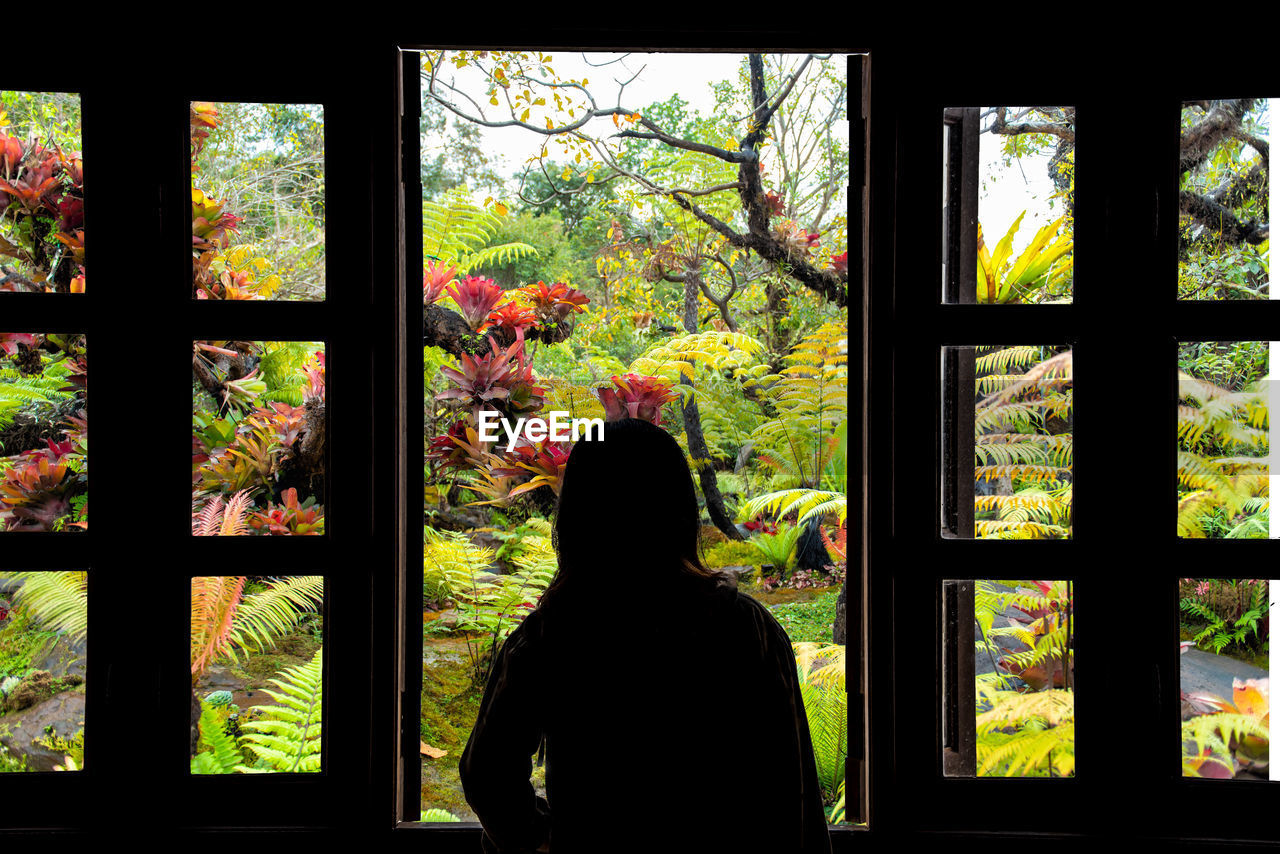 REAR VIEW OF WOMAN LOOKING THROUGH WINDOW IN GLASS