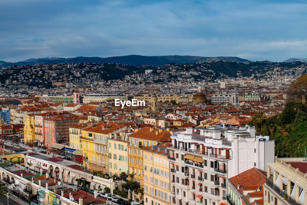 High angle shot of townscape against sky