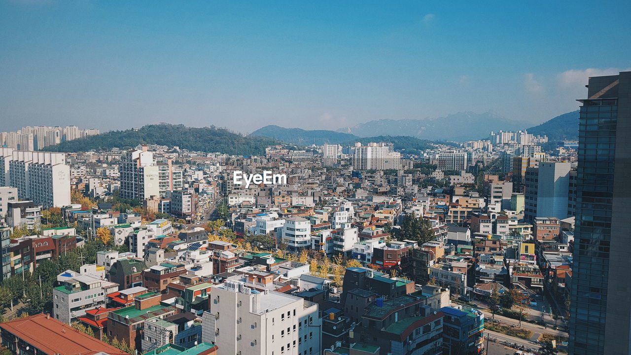 Cityscape against clear sky