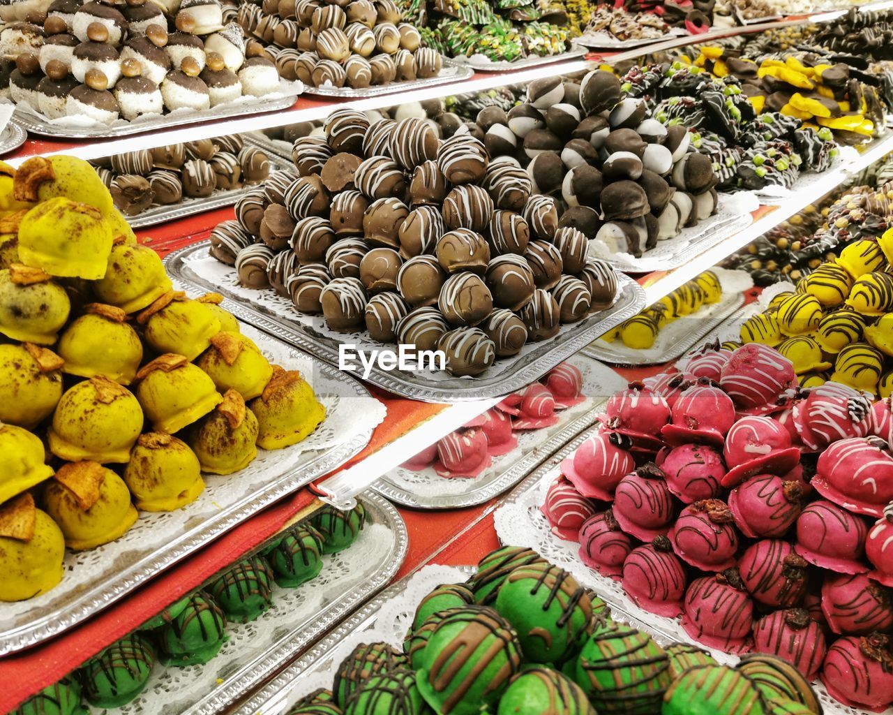 High angle view of sweets for sale in market