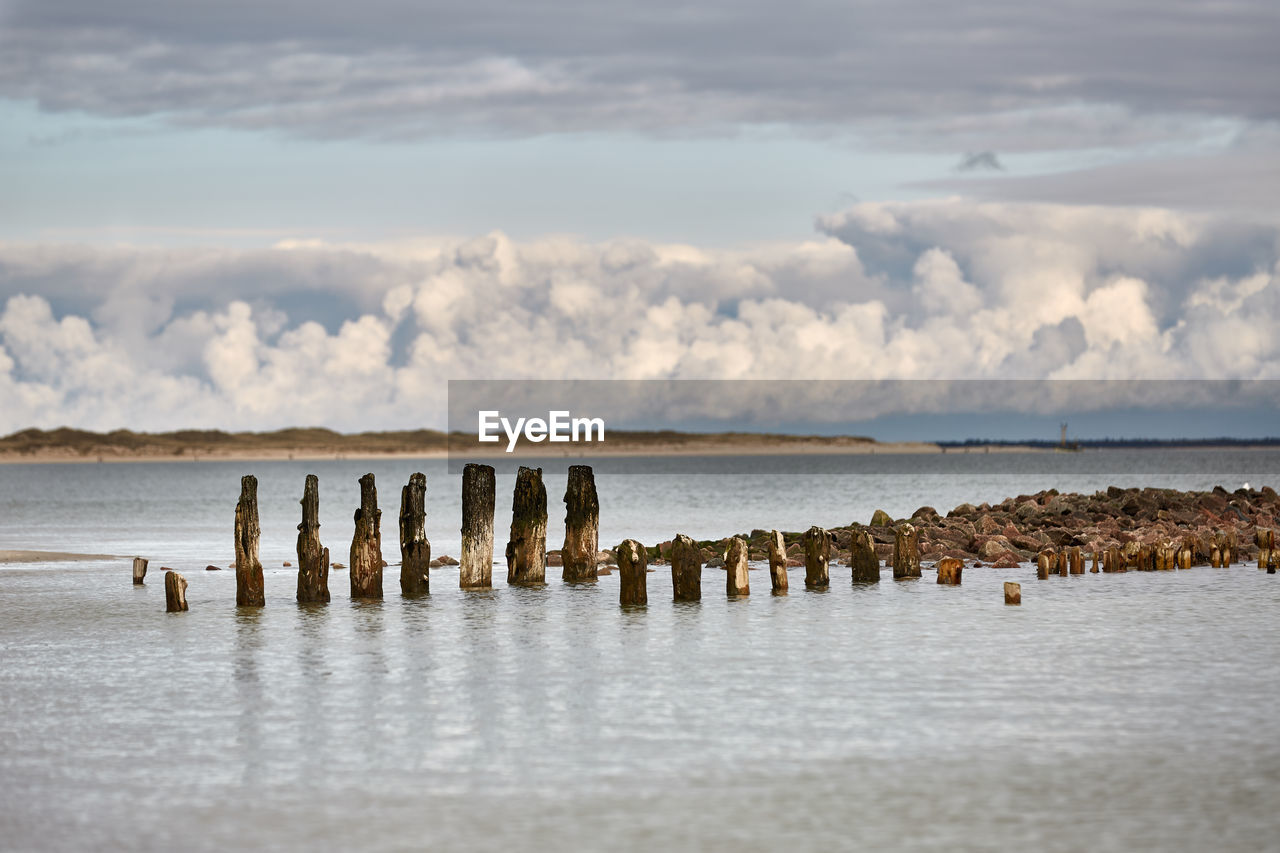 BIRDS ON WOODEN POSTS IN SEA AGAINST SKY