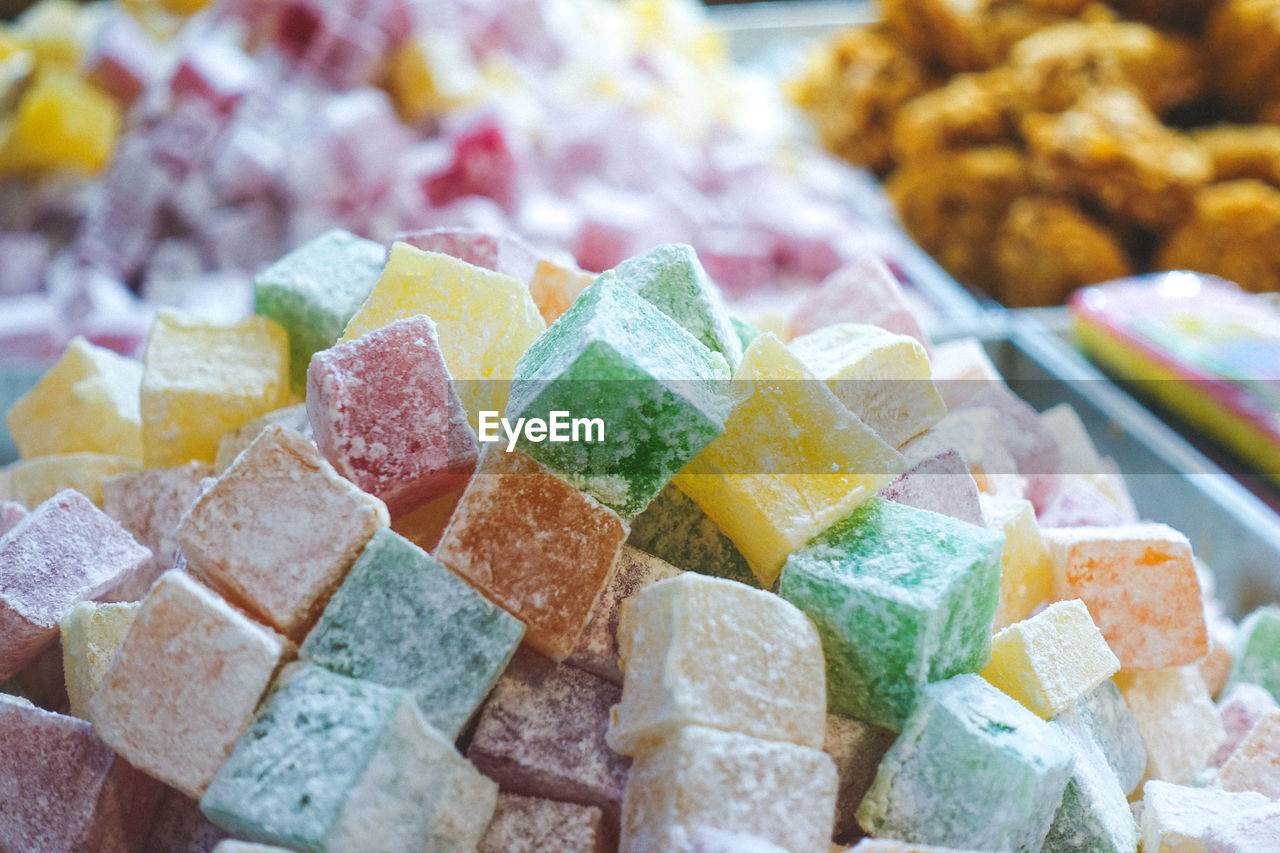 Close-up of multi colored candies for sale