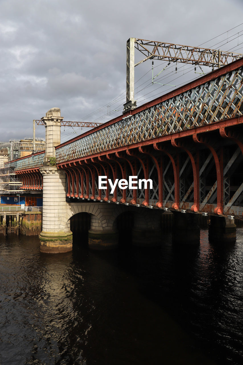 BRIDGE OVER RIVER AGAINST CLOUDY SKY IN CITY