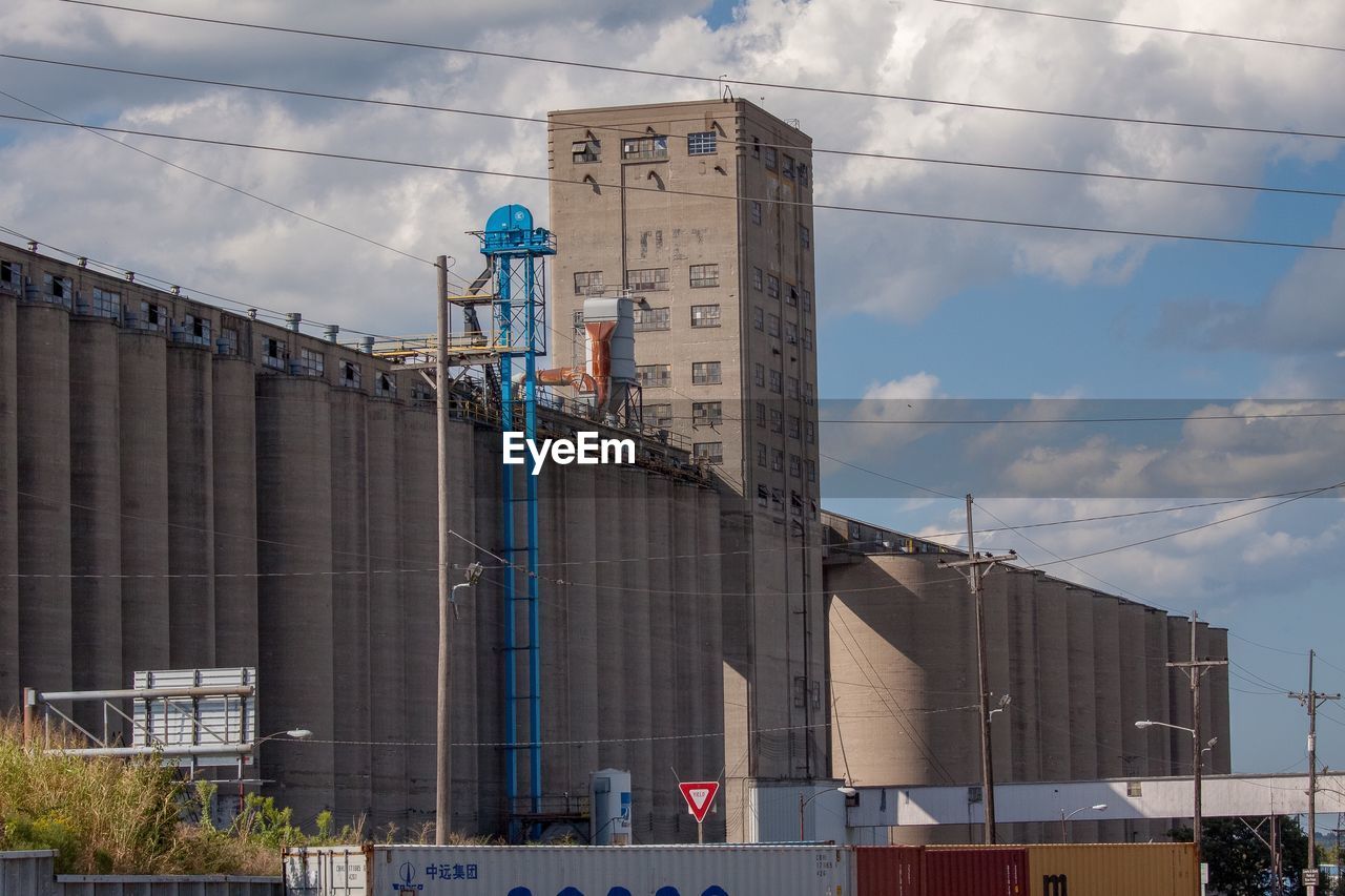 LOW ANGLE VIEW OF BUILDING BY FACTORY AGAINST SKY