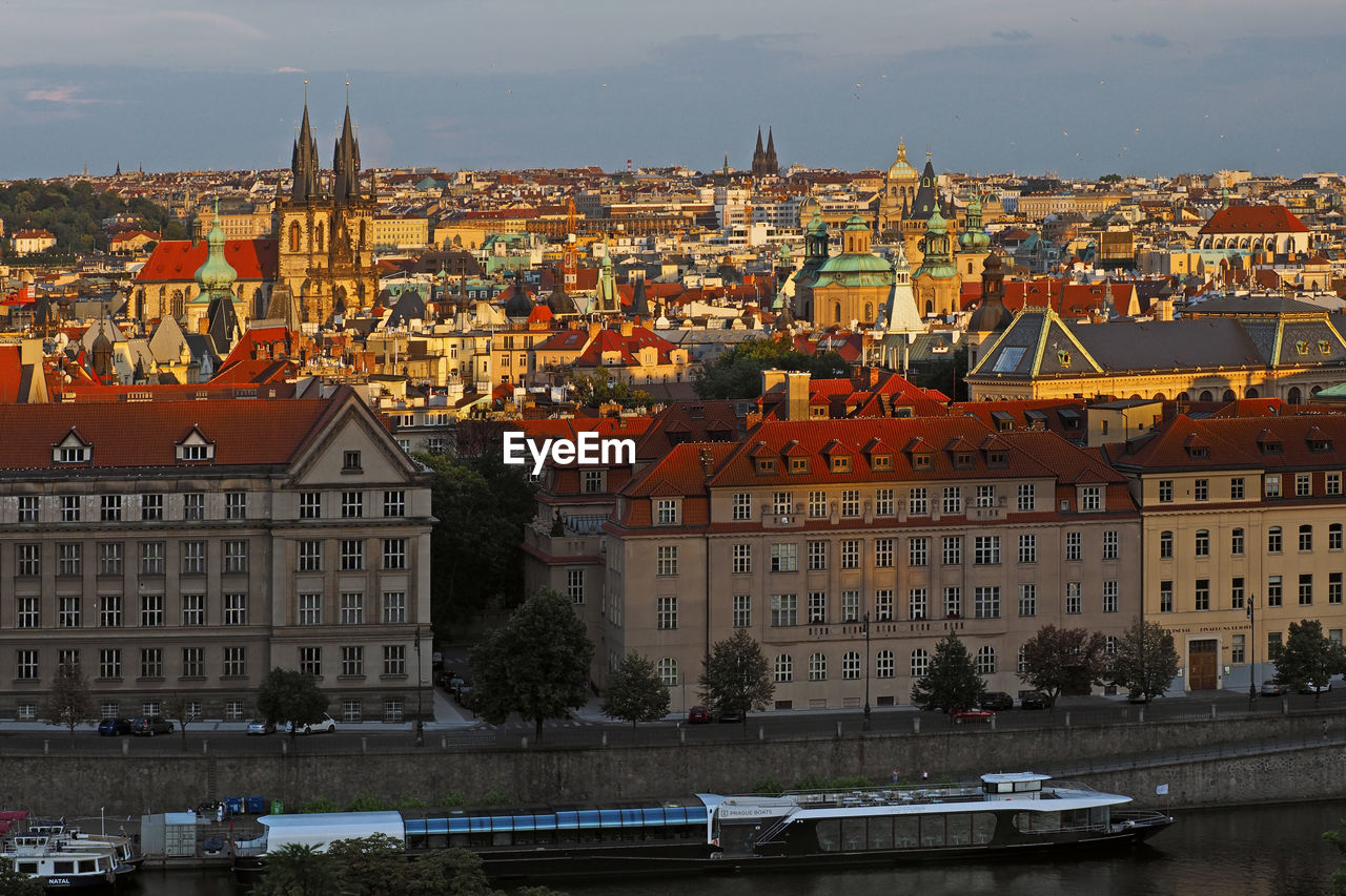 View of old town in prague and river vltava from hanavelsky pavilon, prague, czech republic