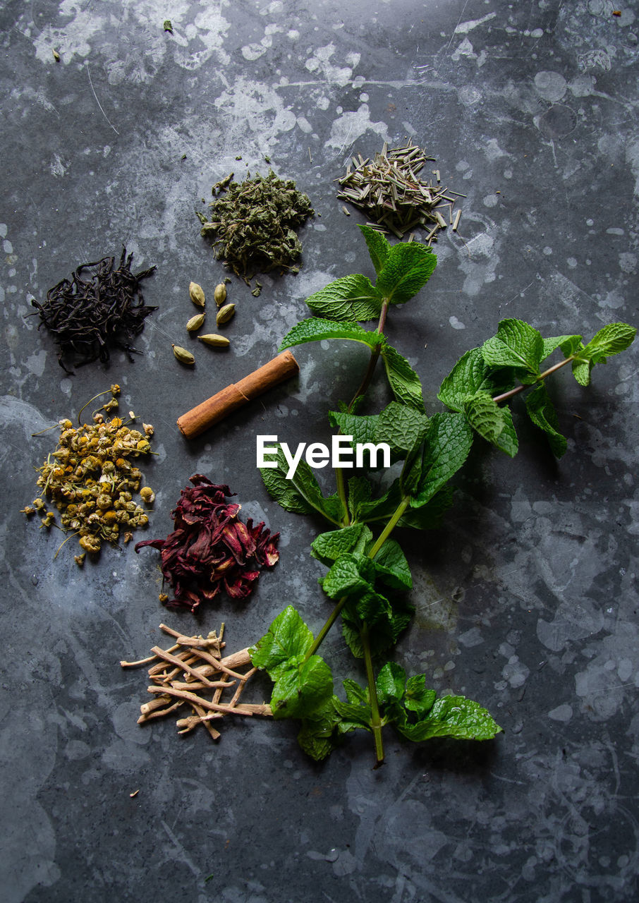 Flat lay of spices and herbs