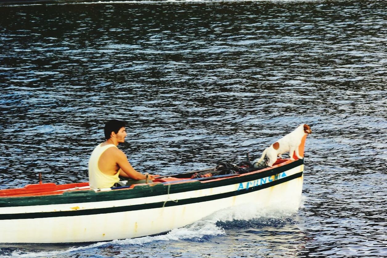 REAR VIEW OF MAN IN BOAT